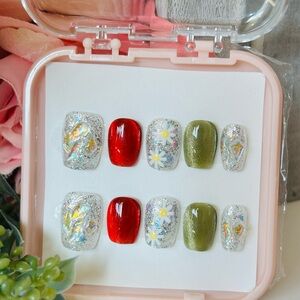 Red and Green Glitter Press-On Nails